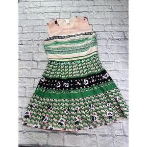 Esley Green Pink‎ Floral Geometric Striped Sleeveless Fit Flare Dress Large